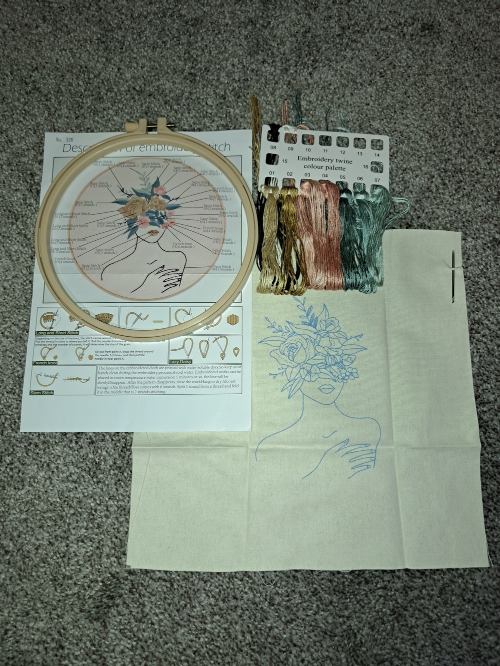 Floral Face Embroidery Kit with Hoop and Multi-Colored Threads